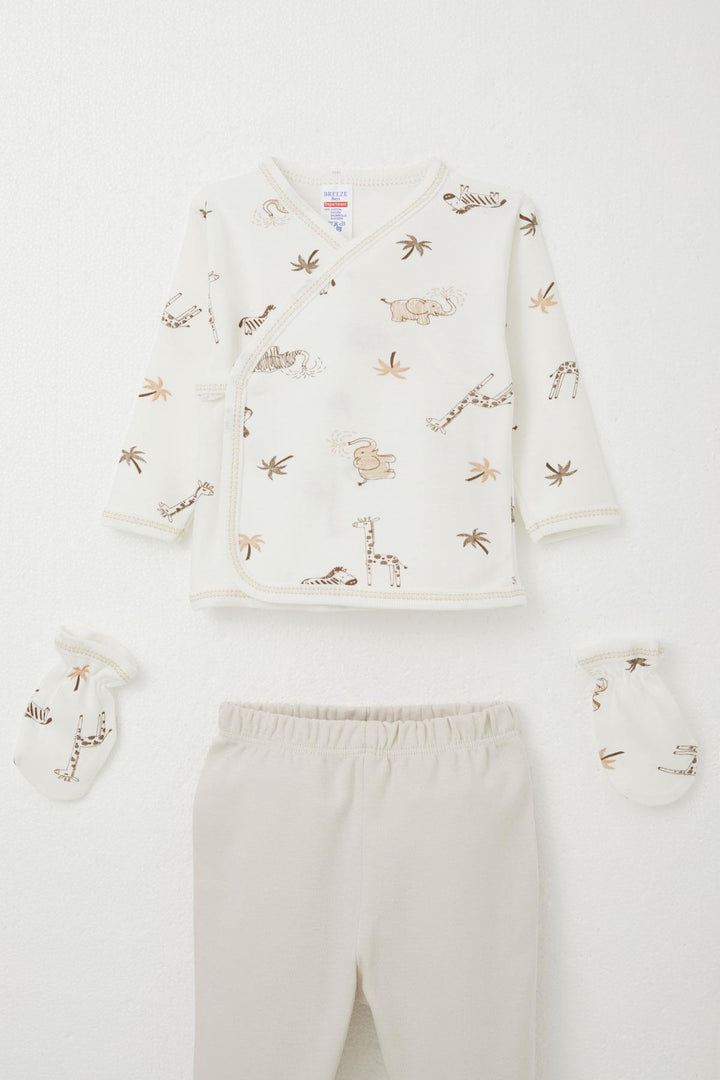 BRE Breeze Baby Boy Hospital Outfit 5-Piece Palm Tree Patterned with Cute Animals, 0-3 Months, Ecru - Pasadena