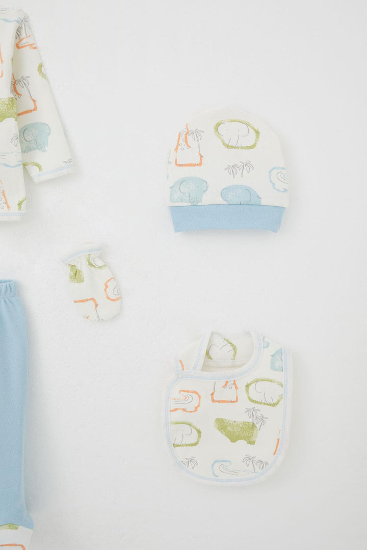 BRE Breeze Baby Boy Hospital Outfit 5-Piece Safari Themed Cute Animals Patterned 0-3 Months, Ecru - North Miami Beach