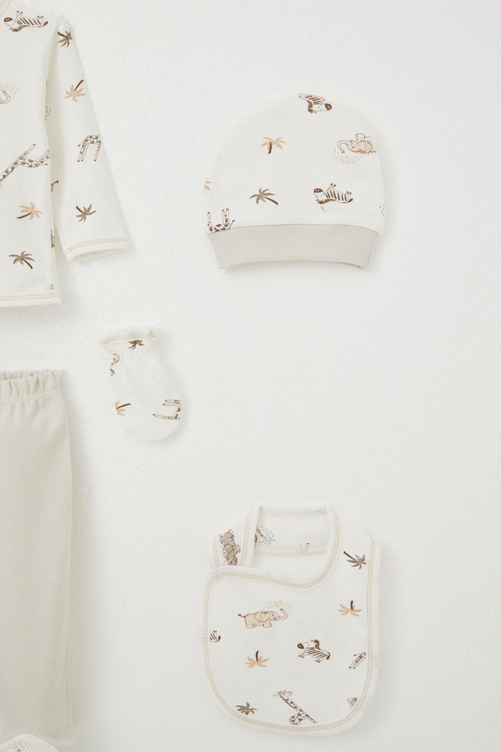BRE Breeze Baby Boy Hospital Outfit 5-Piece Palm Tree Patterned with Cute Animals, 0-3 Months, Ecru - Pasadena
