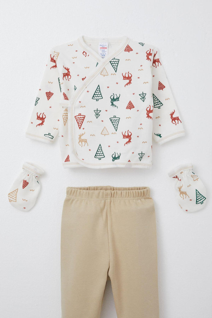 BRE Breeze Baby Boy Hospital Outfit 5 Piece Christmas Themed Deer Patterned 0-3 Months, Ecru - Novi