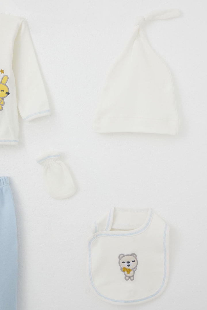 BRE Breeze Baby Boy Hospital Outfit 5 Pieces with Cute Animals Embroidery, 0-3 Months, Ecru - Chapel Hill
