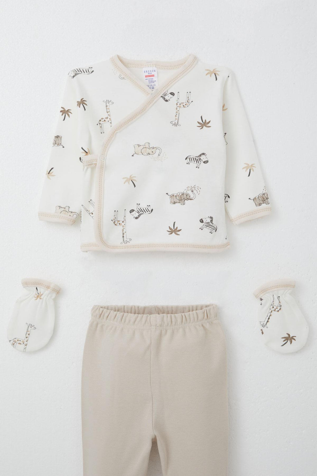 BRE Breeze Baby Boy Hospital Outfit 5-Piece Palm Tree Patterned Cute Animals Design 0-3 Months, Ecru - Santurce-Antiguo