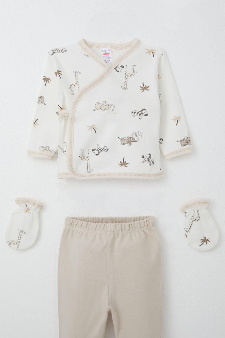 BRE Breeze Baby Boy Hospital Outfit 5-Piece Palm Tree Patterned Cute Animals Design 0-3 Months, Ecru - Santurce-Antiguo