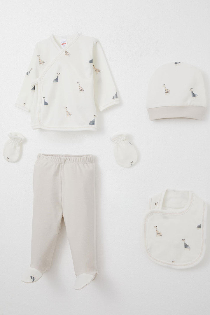 BRE Breeze Baby Boy Hospital Exit 5-Piece Cute Giraffe Patterned 0-3 Months, Ecru - Swindon