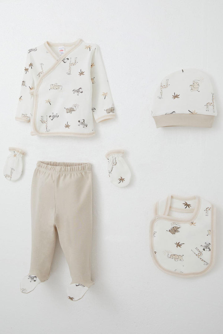 BRE Breeze Baby Boy Hospital Outfit 5-Piece Palm Tree Patterned Cute Animals Design 0-3 Months, Ecru - Santurce-Antiguo