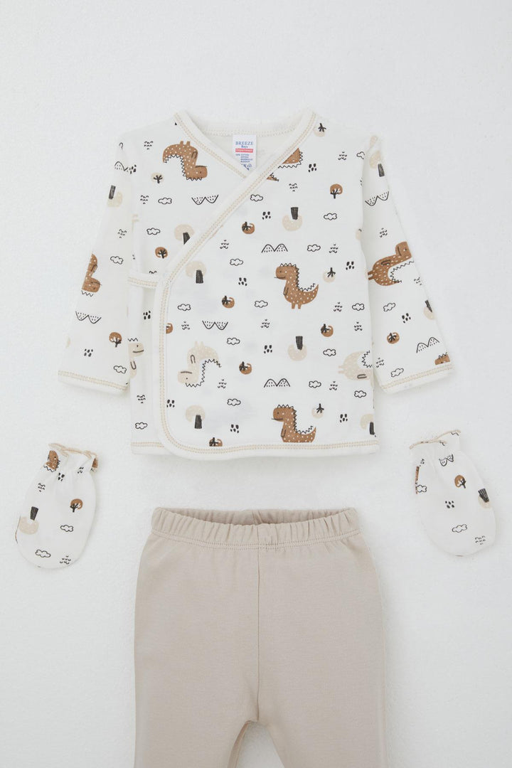 BRE Breeze Baby Boy Hospital Outfit 5-Piece Cute Little Dinosaur Patterned Nature-Themed 0-3 Months, Ecru - Oranienburg