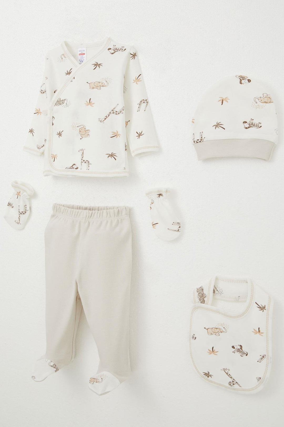 BRE Breeze Baby Boy Hospital Outfit 5-Piece Palm Tree Patterned with Cute Animals, 0-3 Months, Ecru - Pasadena