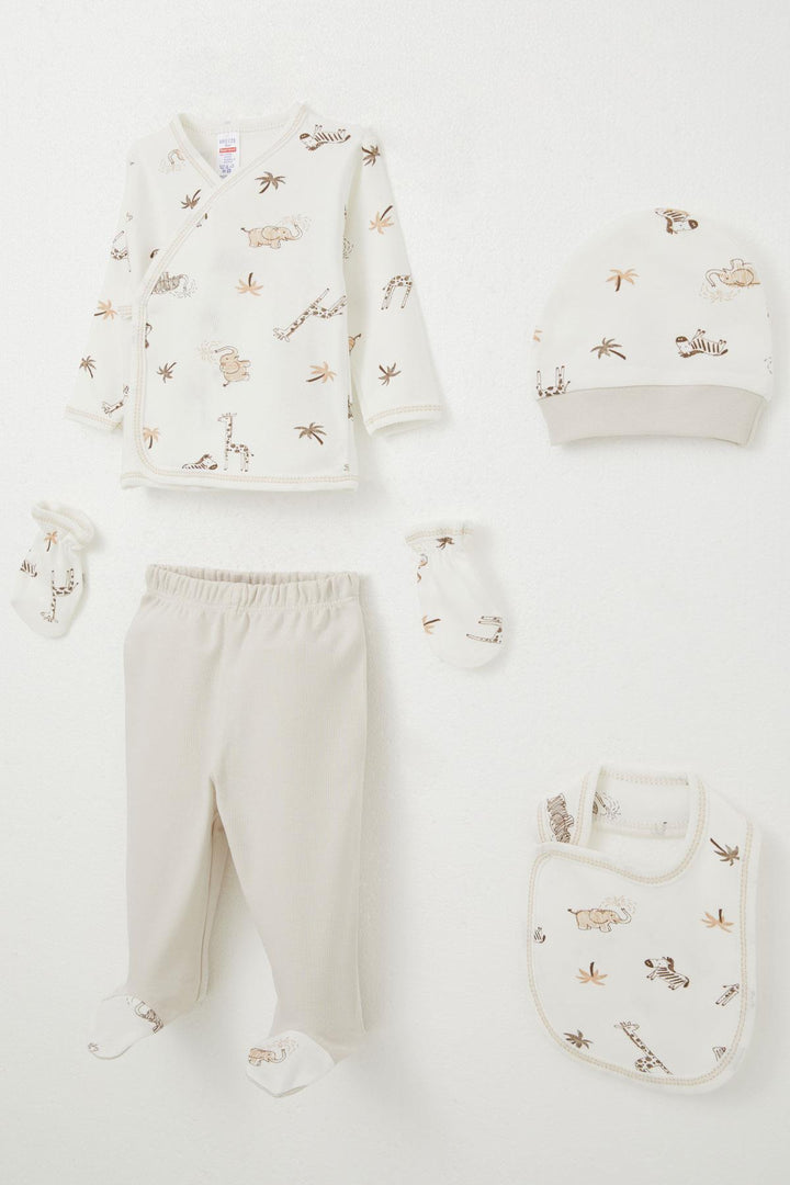 BRE Breeze Baby Boy Hospital Outfit 5-Piece Palm Tree Patterned with Cute Animals, 0-3 Months, Ecru - Pasadena