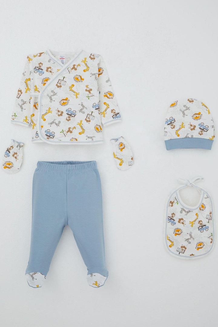 BRE Breeze Baby Boy Hospital Outfit 5-Piece Safari Adventure with Cute Animals Pattern 0-3 Months, White - Wausau