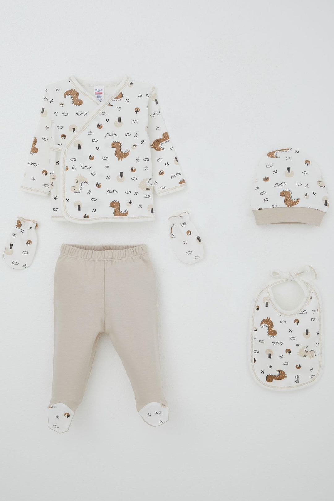 BRE Breeze Baby Boy Hospital Outfit 5-Piece Cute Little Dinosaur Patterned Nature-Themed 0-3 Months, Ecru - Oranienburg