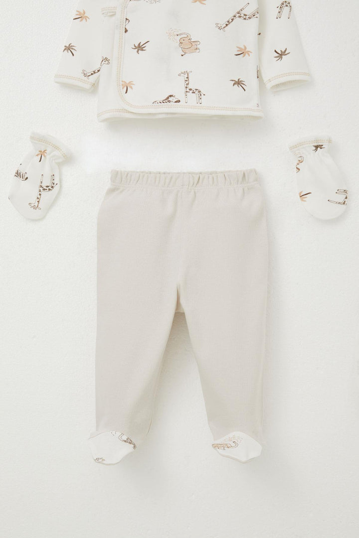 BRE Breeze Baby Boy Hospital Outfit 5-Piece Palm Tree Patterned with Cute Animals, 0-3 Months, Ecru - Pasadena
