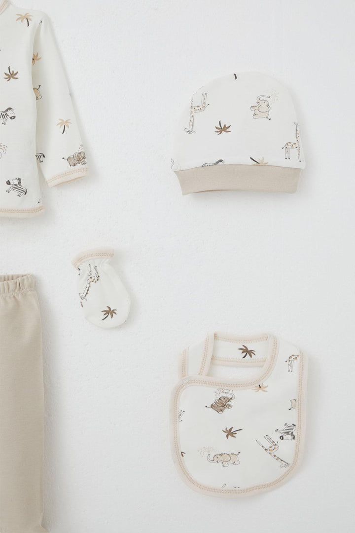 BRE Breeze Baby Boy Hospital Outfit 5-Piece Palm Tree Patterned Cute Animals Design 0-3 Months, Ecru - Santurce-Antiguo