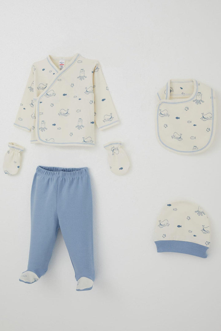 BRE Breeze Baby Boy Hospital Outfit 5-Piece Cute Sea Animals Patterned 0-3 Months, Cream - Bordeaux