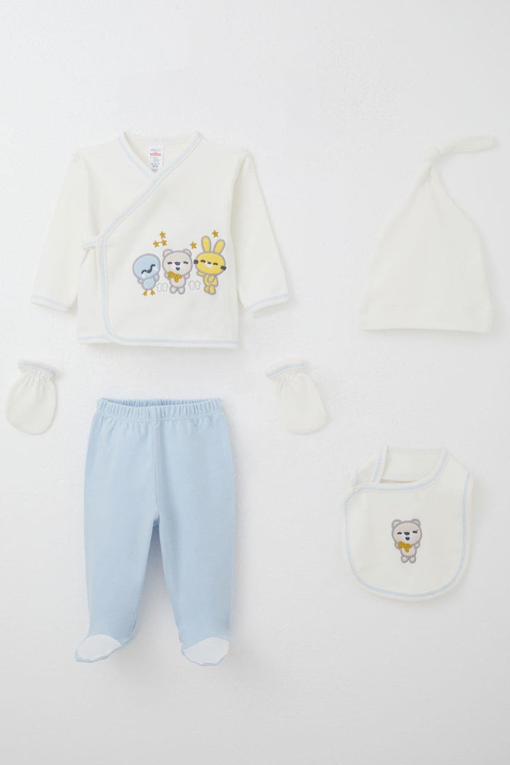 BRE Breeze Baby Boy Hospital Outfit 5 Pieces with Cute Animals Embroidery, 0-3 Months, Ecru - Chapel Hill