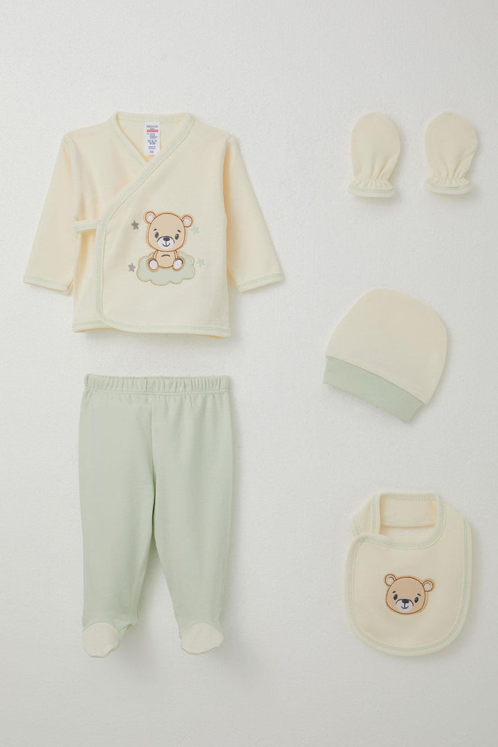 BRE Breeze Baby Boy Hospital Outfit 5-Piece with Cute Bear Embroidery 0-3 Months, Cream - Flensburg