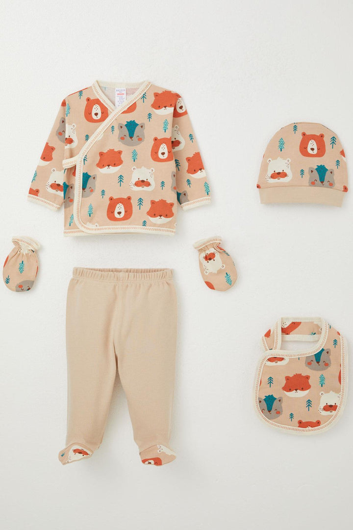 BRE Breeze Baby Boy Hospital Outfit 5-Piece Cute Animals Patterned 0-3 Months, Light Brown - Villeneuve-Saint-Georges