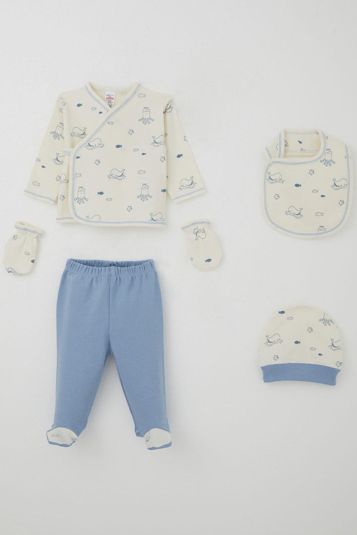 BRE Breeze Baby Boy Hospital Outfit 5-Piece Cute Sea Animals Patterned 0-3 Months, Cream - Bordeaux