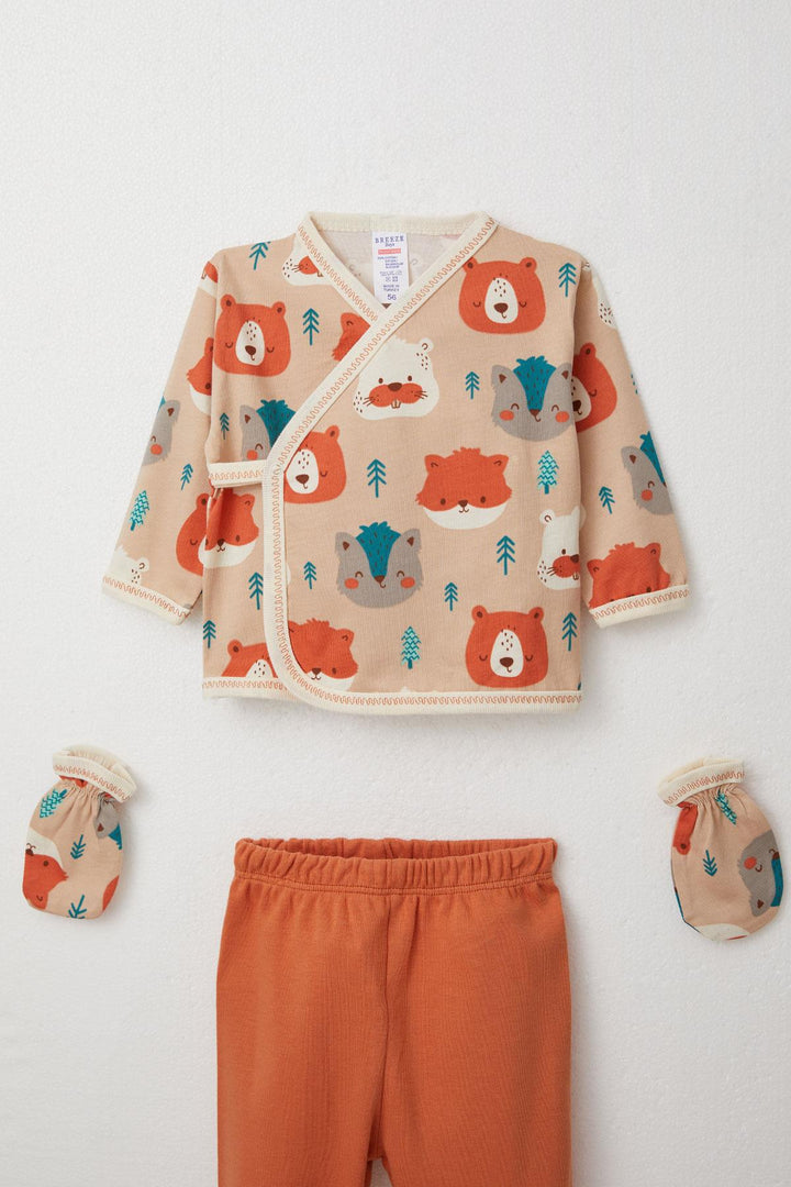 BRE Breeze Baby Boy Hospital Outfit 5-Piece Cute Animals Patterned 0-3 Months, Light Brown - Alexandria