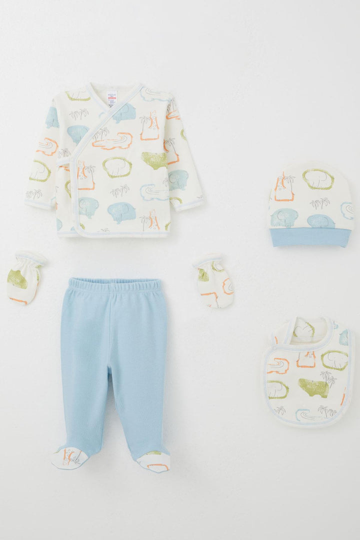 BRE Breeze Baby Boy Hospital Outfit 5-Piece Safari Themed Cute Animals Patterned 0-3 Months, Ecru - North Miami Beach
