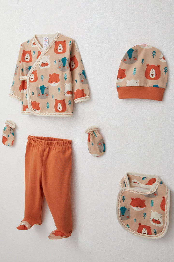 BRE Breeze Baby Boy Hospital Outfit 5-Piece Cute Animals Patterned 0-3 Months, Light Brown - Alexandria