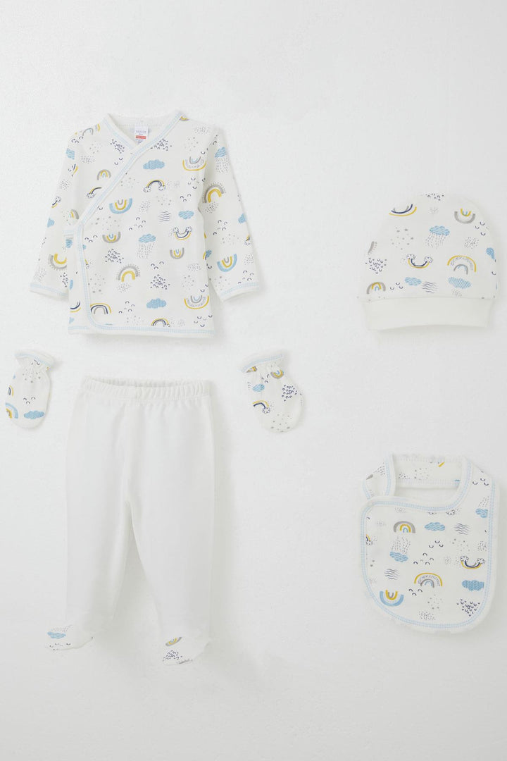 BRE Breeze Baby Boy Hospital Outfit 5-Piece Sky Themed Cloud Patterned 0-3 Months, White - Methuen Town