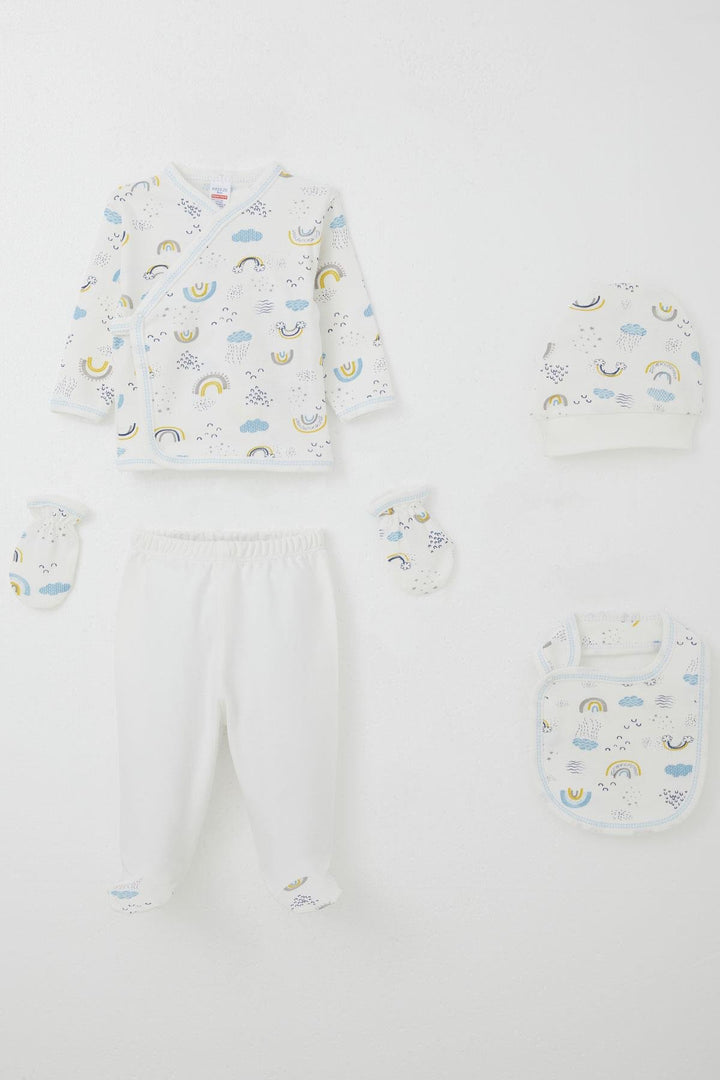 BRE Breeze Baby Boy Hospital Outfit 5-Piece Sky Themed Cloud Patterned 0-3 Months, White - Methuen Town