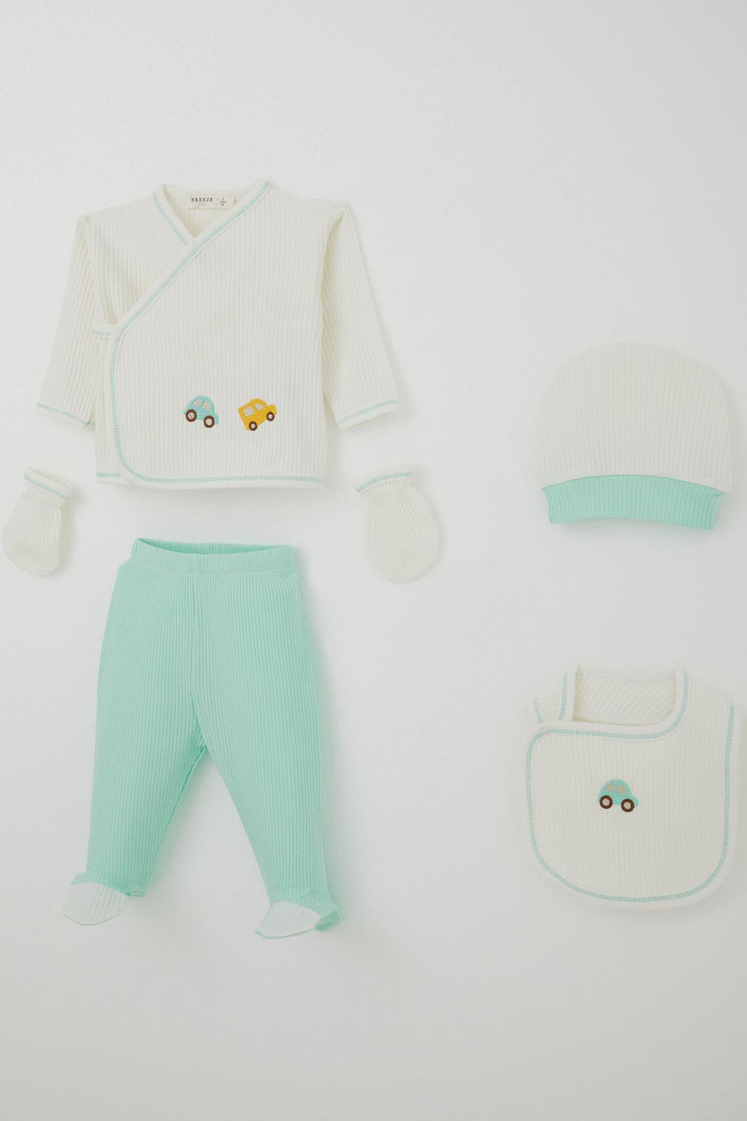 BRE Breeze Baby Boy Hospital Outfit 5-Piece Embroidered Car Set 0-3 Months, Ecru - Poole