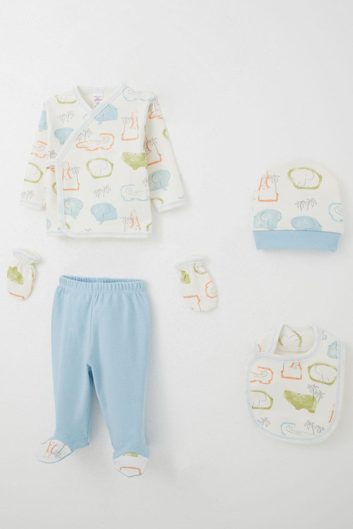 BRE Breeze Baby Boy Hospital Outfit 5-Piece Safari Themed Cute Animals Patterned 0-3 Months, Ecru - North Miami Beach
