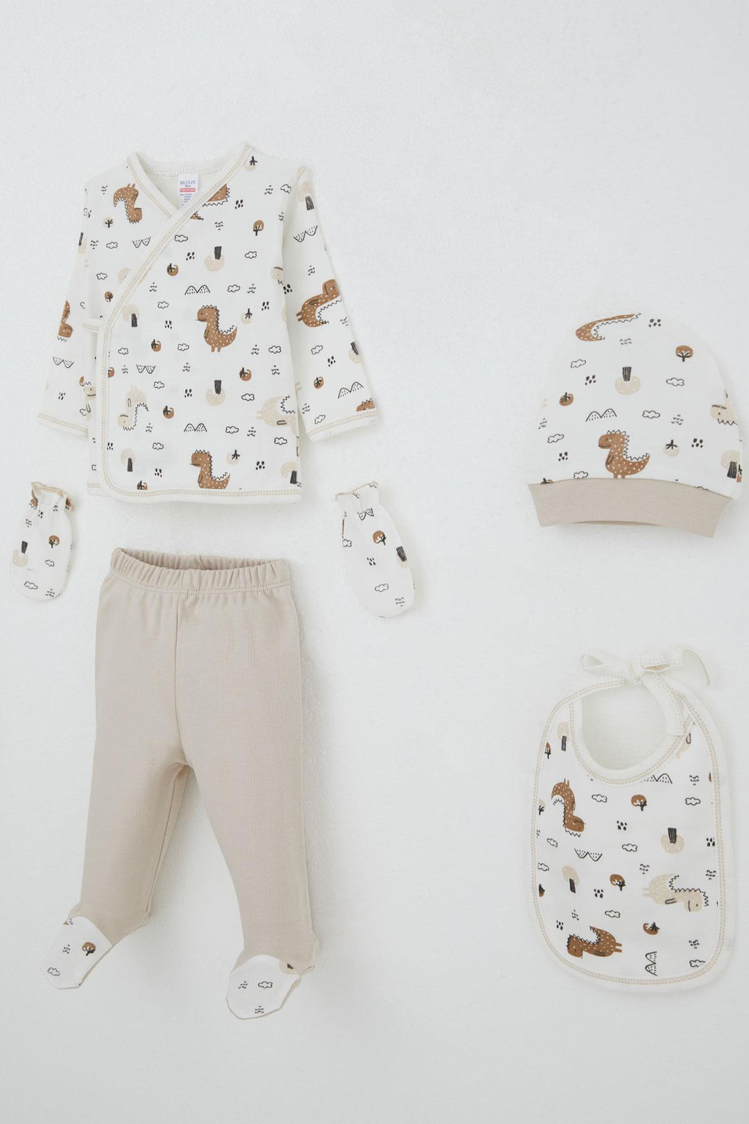 BRE Breeze Baby Boy Hospital Outfit 5-Piece Cute Little Dinosaur Patterned Nature-Themed 0-3 Months, Ecru - Oranienburg