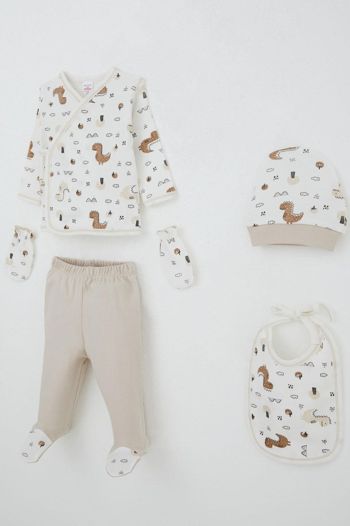BRE Breeze Baby Boy Hospital Outfit 5-Piece Cute Little Dinosaur Patterned Nature-Themed 0-3 Months, Ecru - Oranienburg