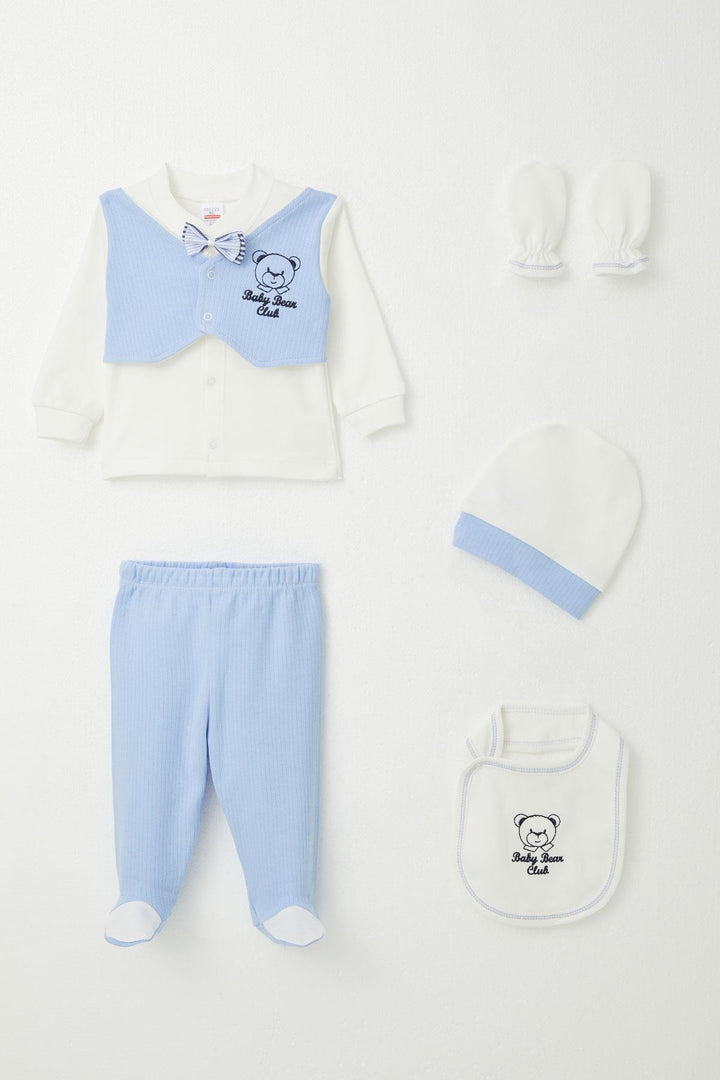 BRE Breeze Baby Boy Hospital Outfit 5 قطع ثابتة ربطة عنق على شكل فيونكة مجموعة 0-3 أشهر، أزرق - صخرة مستديرة
