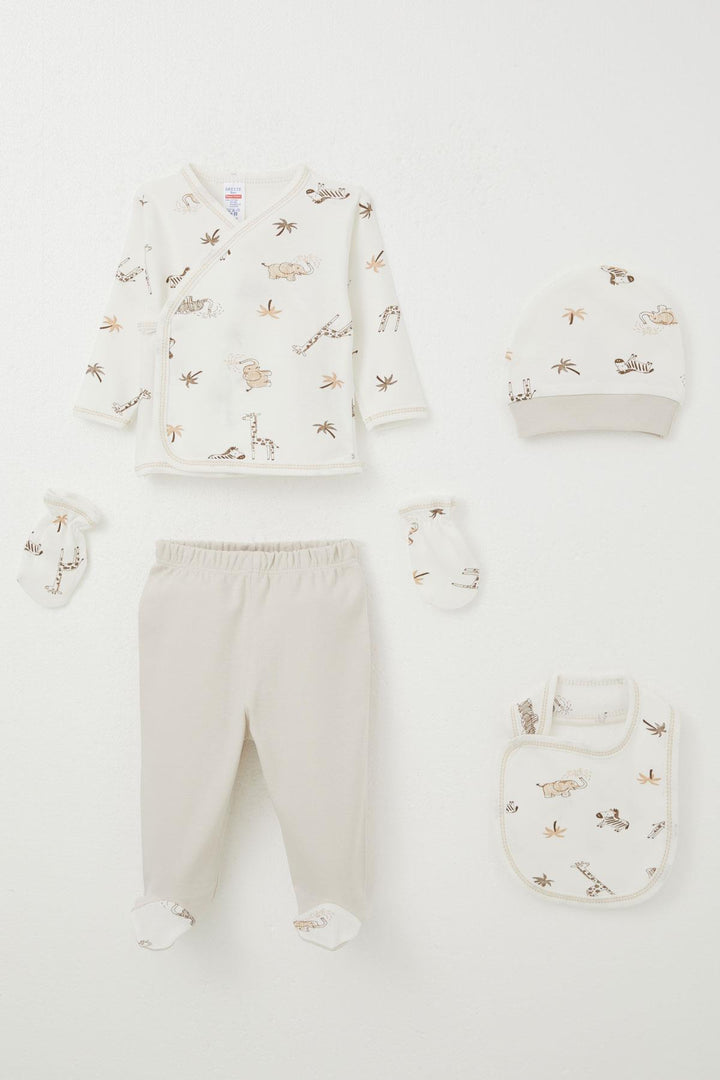 BRE Breeze Baby Boy Hospital Outfit 5-Piece Palm Tree Patterned with Cute Animals, 0-3 Months, Ecru - Pasadena