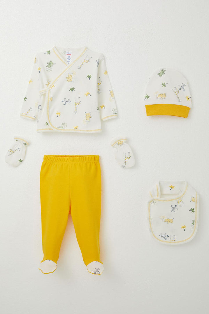 BRE Breeze Baby Boy Hospital Outfit 5-Piece Nature-Themed Cute Animals Patterned 0-3 Months, Ecru - Walnut Creek