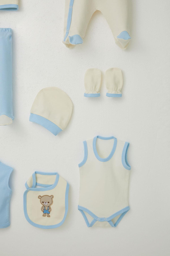 طقم ملابس مستشفى BRE Breeze Baby Boy 8 قطع مع تطريز دب لطيف 0-3 أشهر، كريمي - بوردينوني