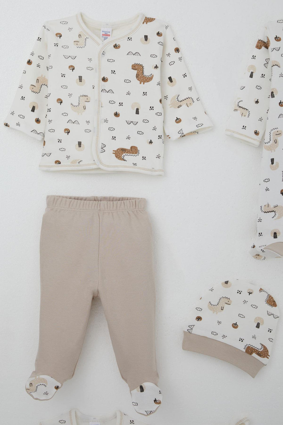 BRE Breeze Baby Boy Hospital Outfit 8-Piece Cute Little Dinosaur Patterned Nature-Themed 0-3 Months, Ecru - Carolina