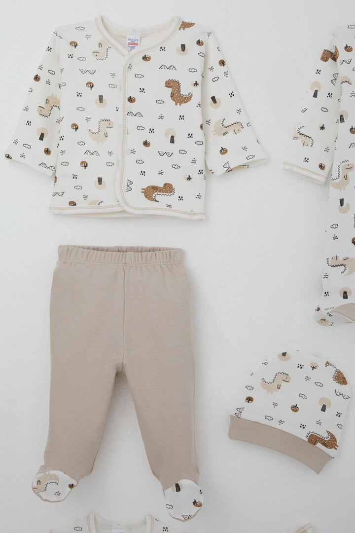 BRE Breeze Baby Boy Hospital Outfit 8-Piece Cute Little Dinosaur Patterned Nature-Themed 0-3 Months, Ecru - Carolina
