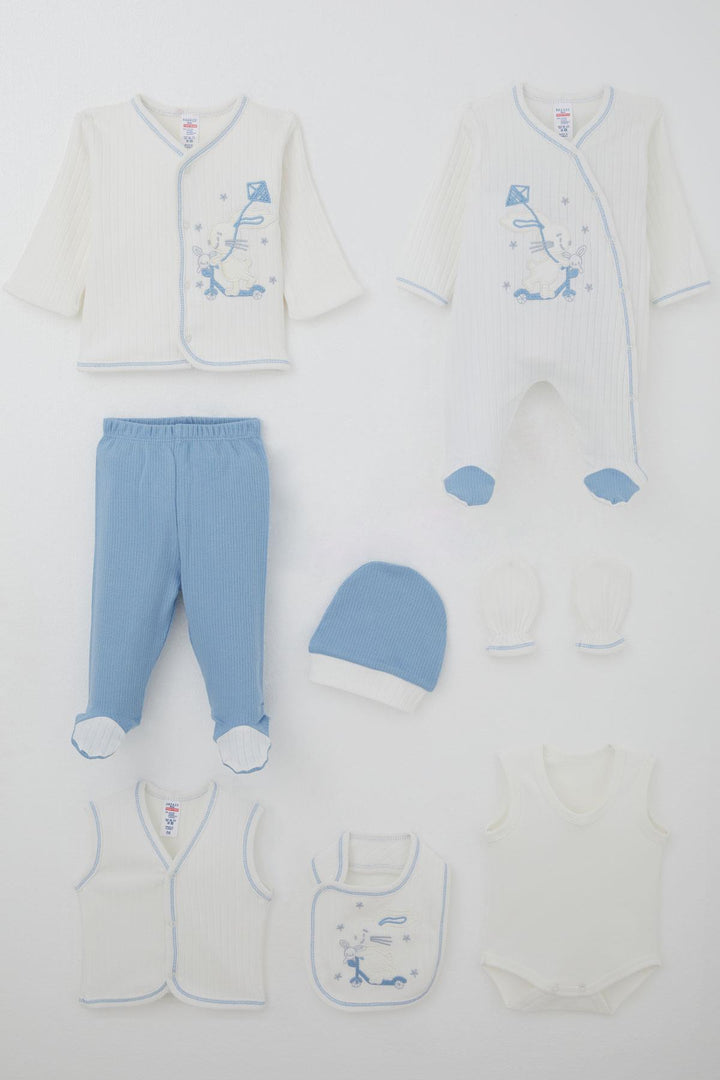 BRE Breeze Baby Boy Hospital Outfit 8 Piece Scooter King Kite Flying Bunny Embroidered 0-3 Months, White - Poway