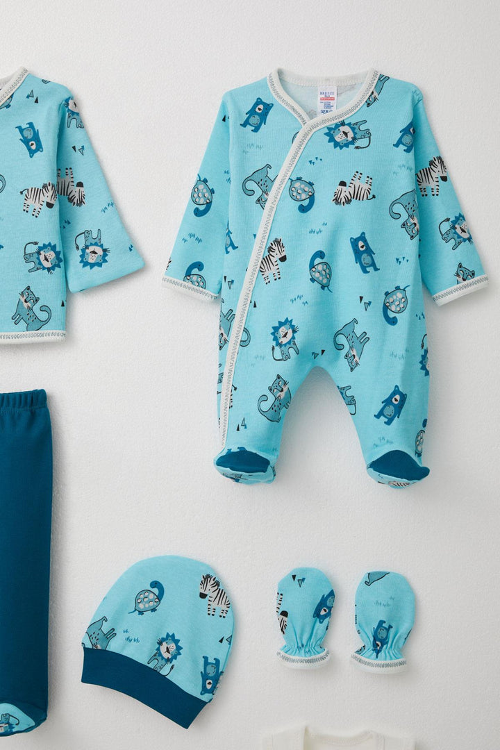 طقم ملابس مستشفى BRE Breeze Baby Boy 8 قطع حيوانات لطيفة منقوشة 0-3 أشهر، أزرق - كويرنافاكا