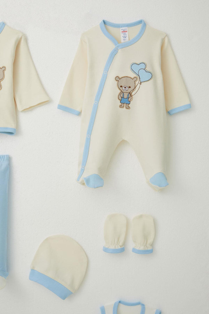 طقم ملابس مستشفى BRE Breeze Baby Boy 8 قطع مع تطريز دب لطيف 0-3 أشهر، كريمي - بوردينوني