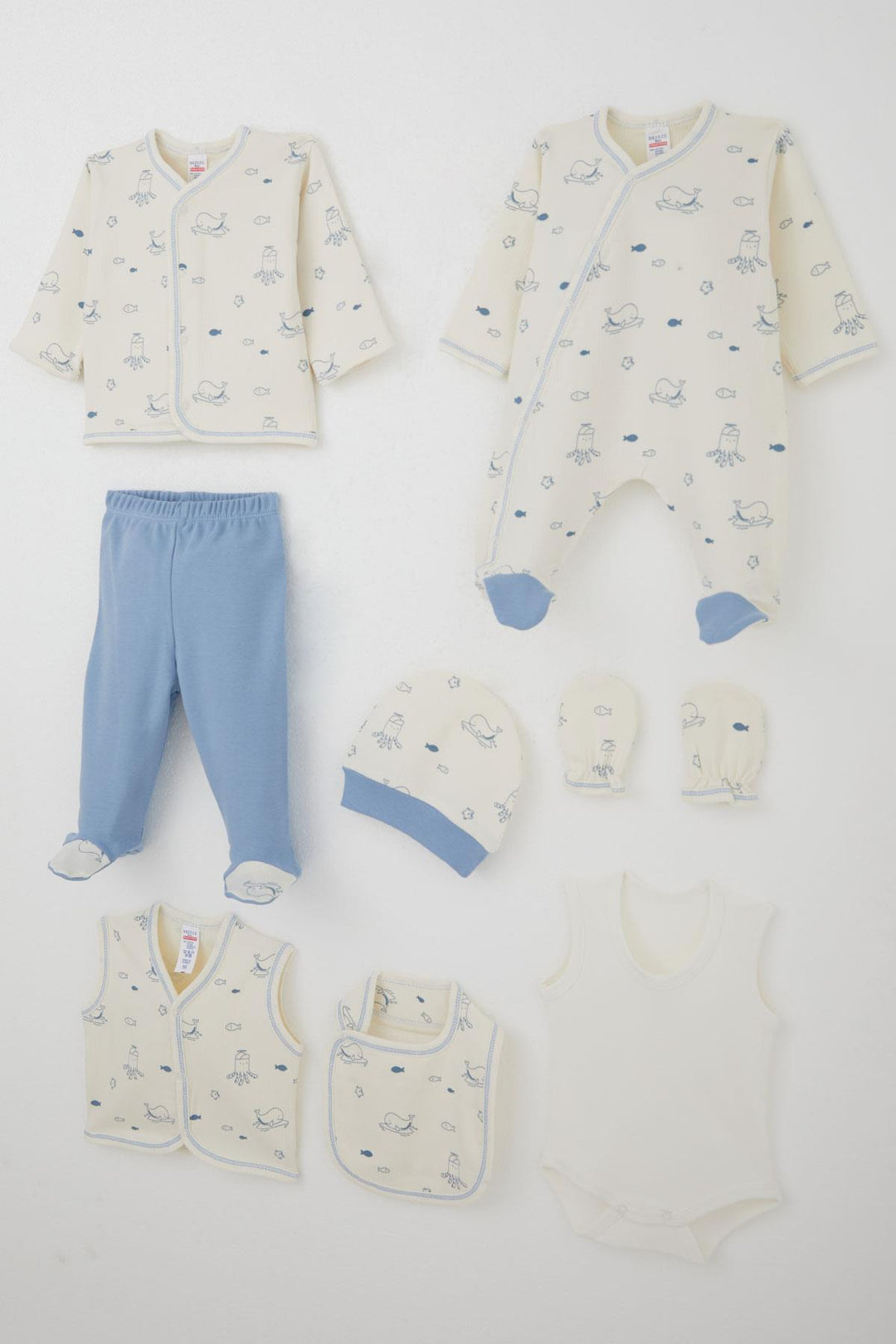 BRE Breeze Erkek Bebek Hastane Çıkışı 8 Li Sevimli Deniz Hayvanları Desenli 0-3 Ay, Krem - Mount Pleasant