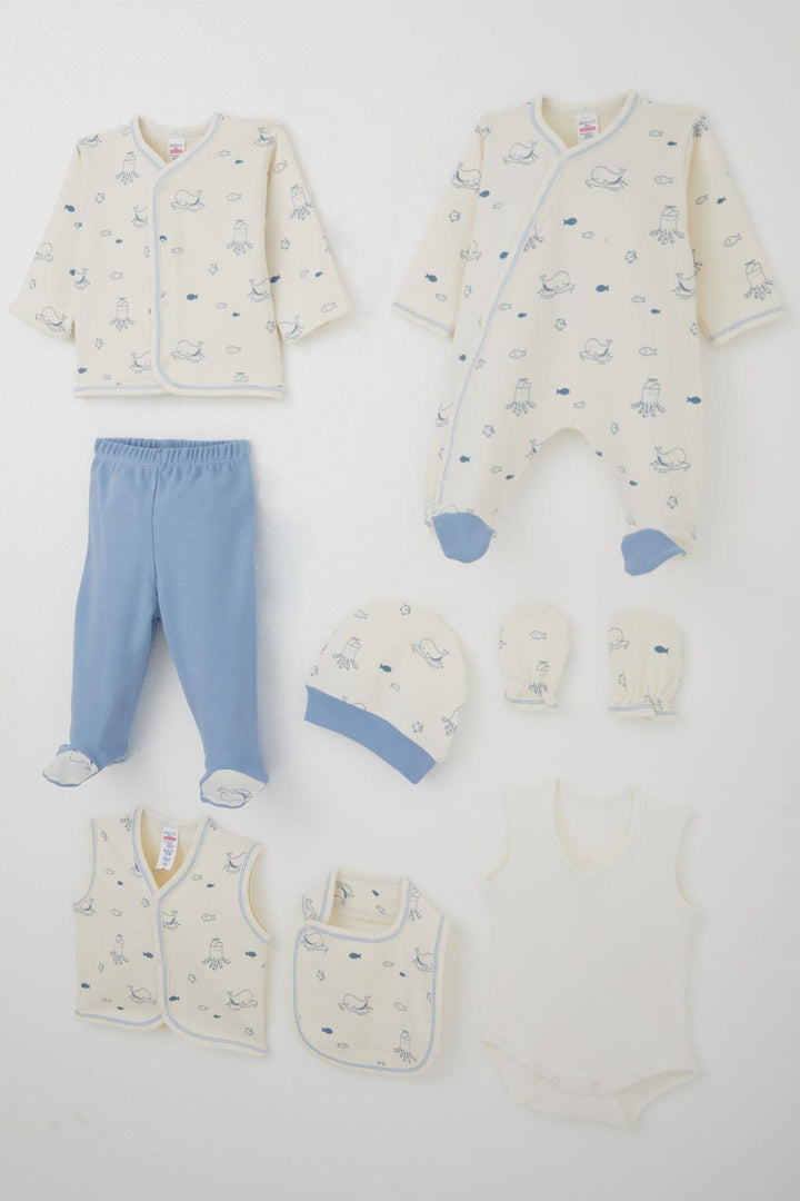 BRE Breeze Erkek Bebek Hastane Çıkışı 8 Li Sevimli Deniz Hayvanları Desenli 0-3 Ay, Krem - Mount Pleasant