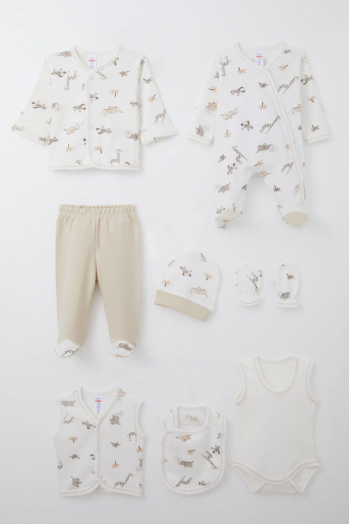 BRE Breeze Baby Boy Hospital Outfit 8 Pieces Palm Tree Patterned Cute Animals 0-3 Months, Ecru - Catonsville