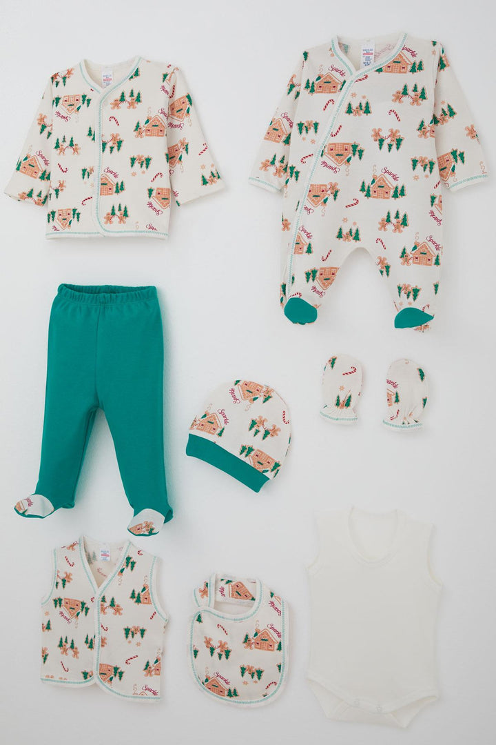 BRE Breeze Baby Boy Hospital Outfit 8 Piece New Year Themed Pine & House Patterned 0-3 Months, Cream - Cananea