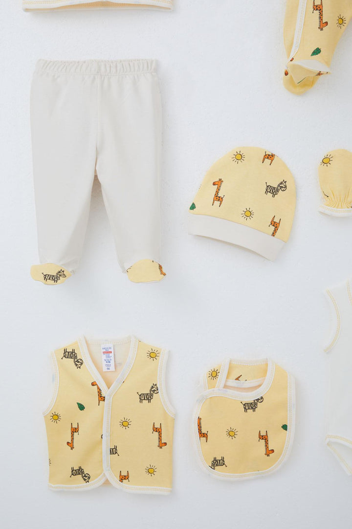 BRE Breeze Baby Boy Hospital Outfit 8 Piece Mini Safari Themed Animal Patterned 0-3 Months, Yellow - Wood Buffalo
