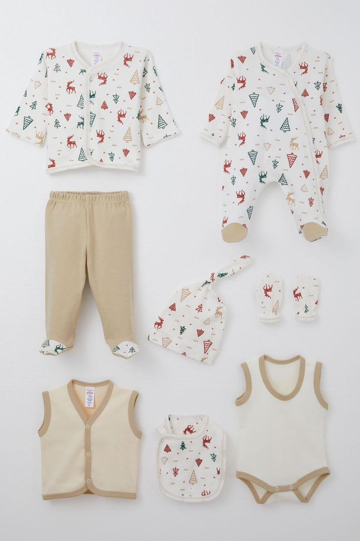BRE Breeze Baby Boy Hospital Outfit 8 Piece New Year Themed Deer Patterned 0-3 Months, Ecru - Irákleio