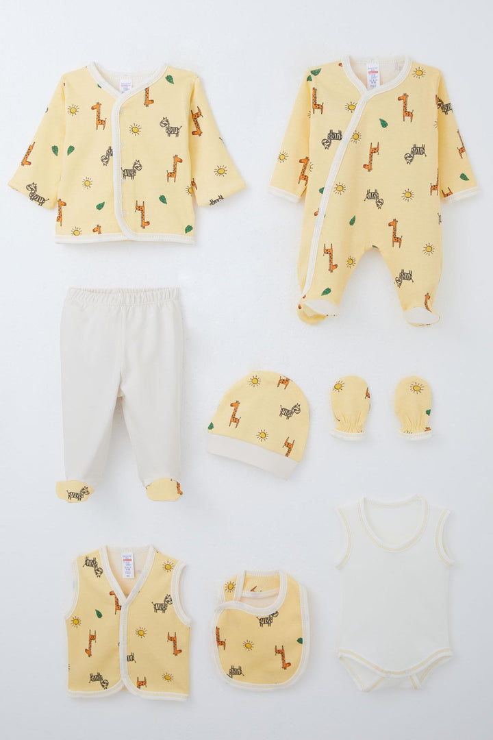 BRE Breeze Baby Boy Hospital Outfit 8 Piece Mini Safari Themed Animal Patterned 0-3 Months, Yellow - Wood Buffalo