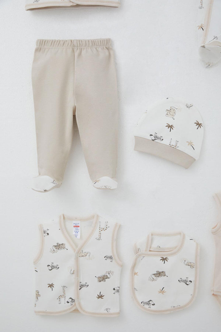 BRE Breeze Baby Boy Hospital Outfit 8 Pieces Palm Tree Patterned Cute Animals Design 0-3 Months, Ecru - Palm Coast