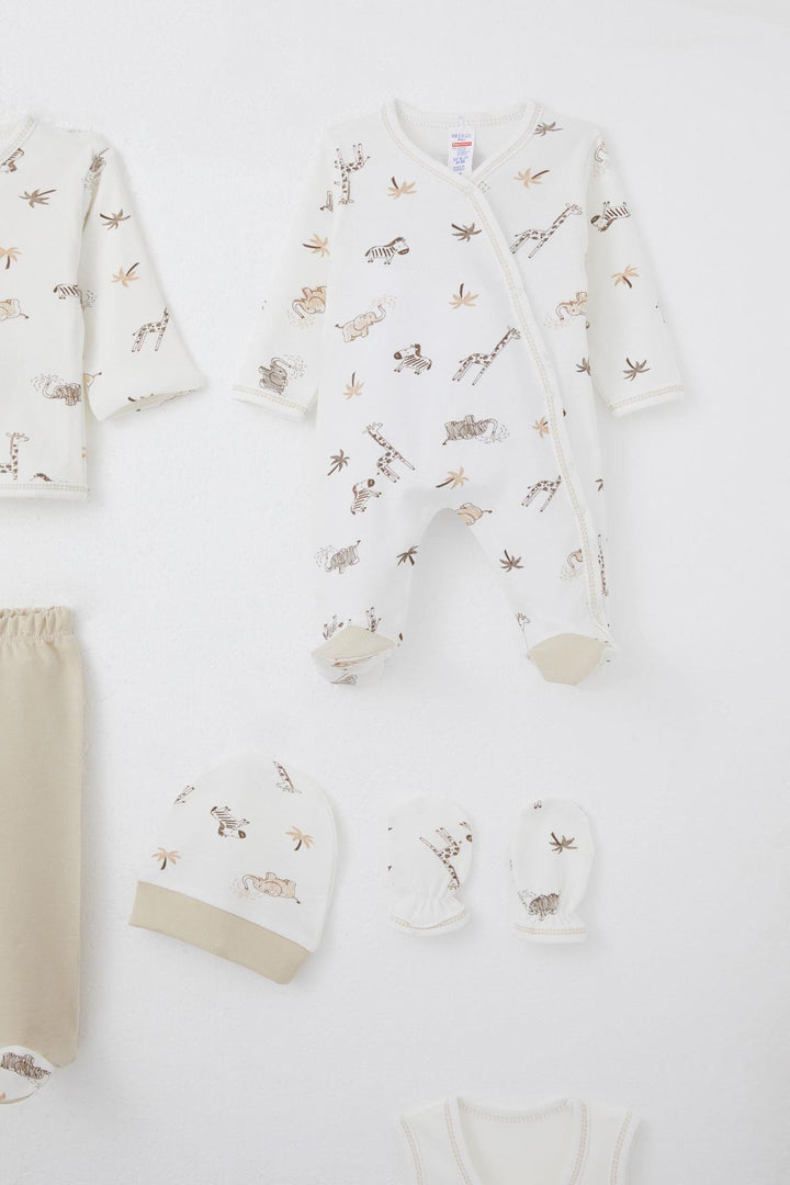 BRE Breeze Baby Boy Hospital Outfit 8 Pieces Palm Tree Patterned Cute Animals 0-3 Months, Ecru - Catonsville