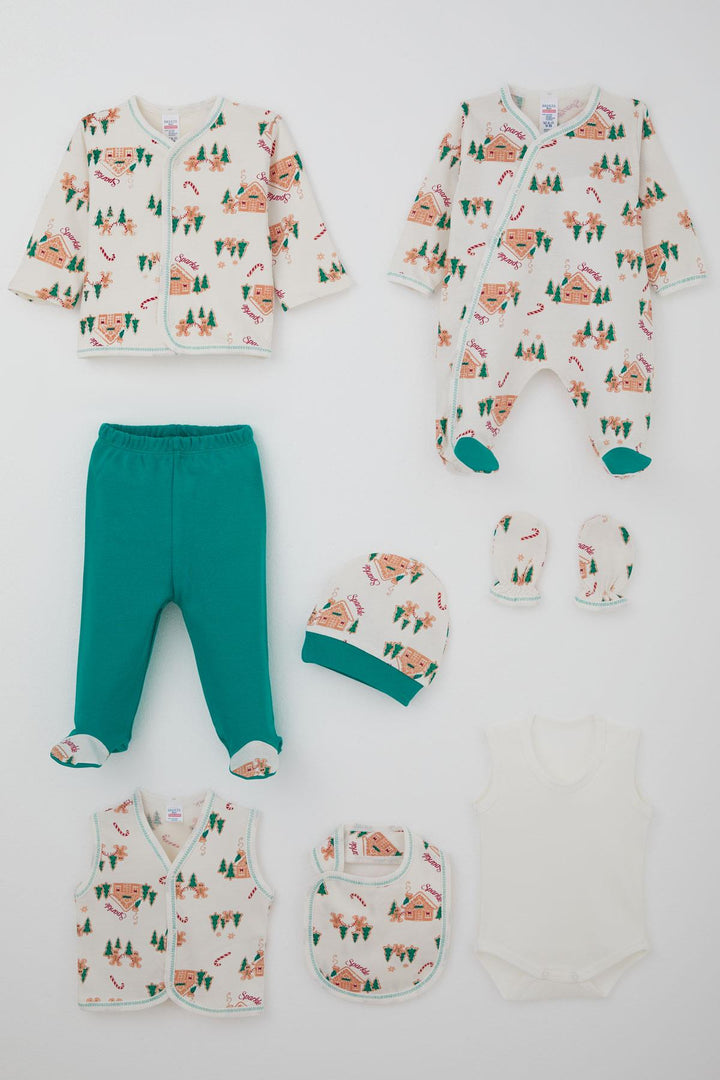 BRE Breeze Baby Boy Hospital Outfit 8 Piece New Year Themed Pine & House Patterned 0-3 Months, Cream - Cananea