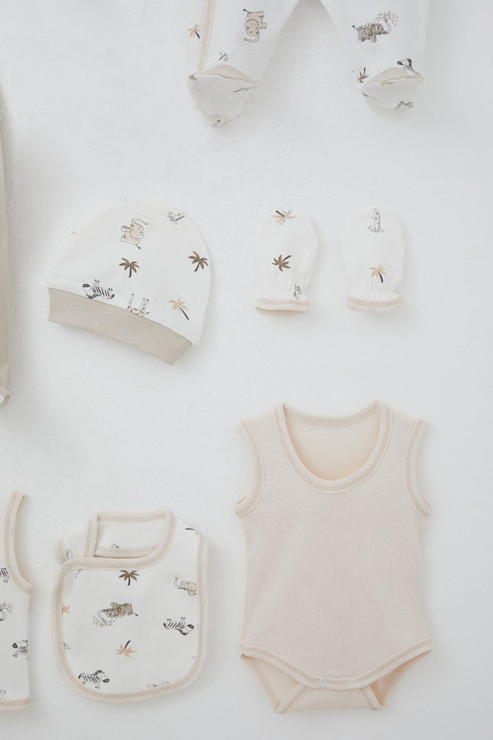BRE Breeze Baby Boy Hospital Outfit 8 Pieces Palm Tree Patterned Cute Animals Design 0-3 Months, Ecru - Palm Coast